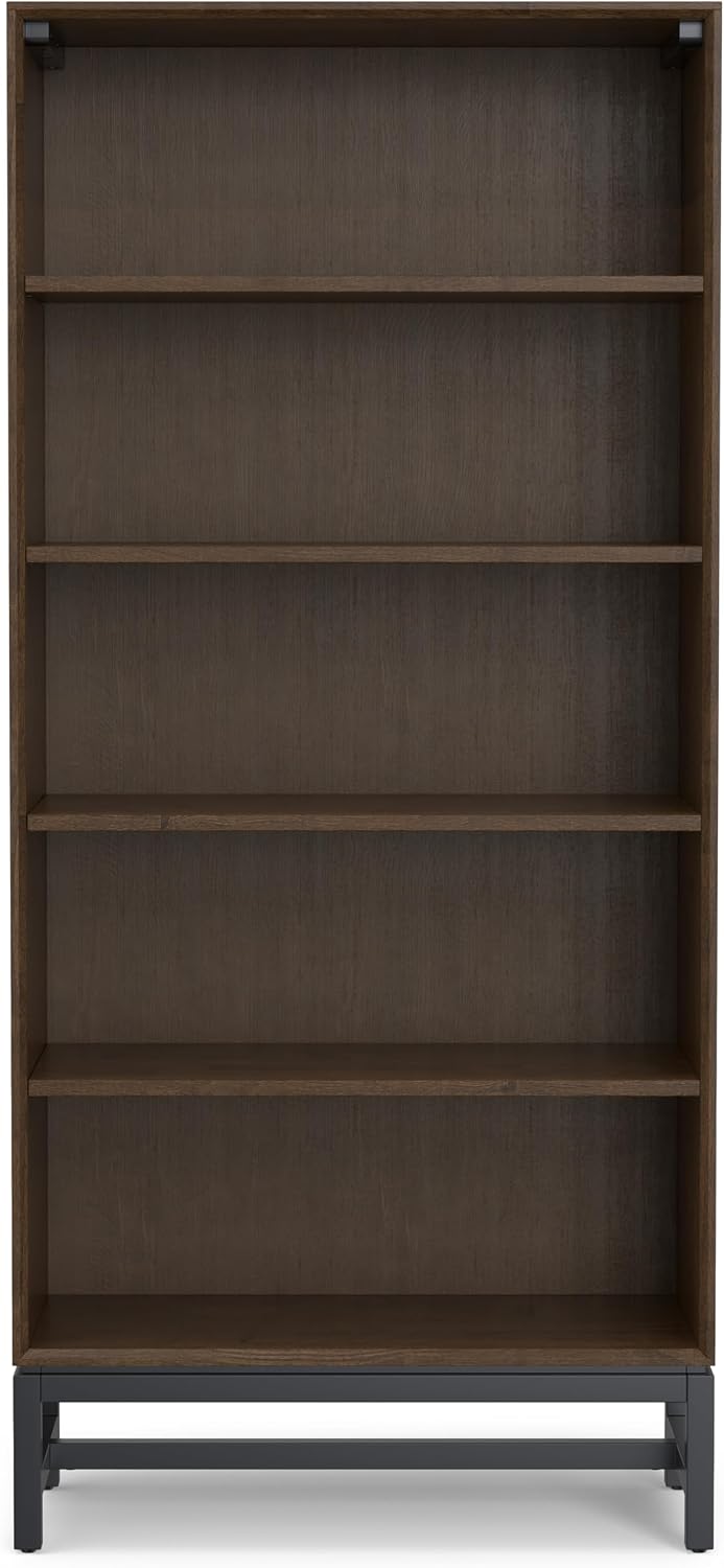 SIMPLIHOME Banting Bookcase - 66 inch Tall Solid Wood and Metal Open Shelf Bookshelf in Walnut Brown, Mid-Century Industrial Storage for Living Room or Office with Wide Shelves and Open Back