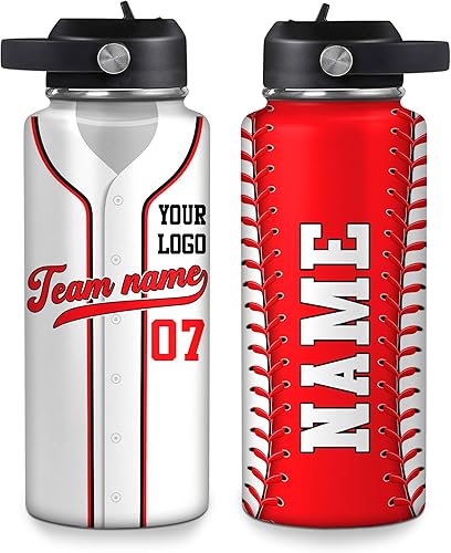 Vista 33 de Hyturtle Botella de agua de béisbol personalizada, botella de acero inoxidable aislada de viaje con tapa a prueba de fugas, 18 onzas, 32 onzas