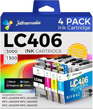 LC406 Ink Cartridges for Brother Printer Replacement for Brother LC 406 LC406XL Ink Cartridges Use with MFC-J4535DW MFC-J4335DW MFC-J4345DW MFC-J5855DW MFC-J6555DW MFC-J6955DW Printer 4 Pack