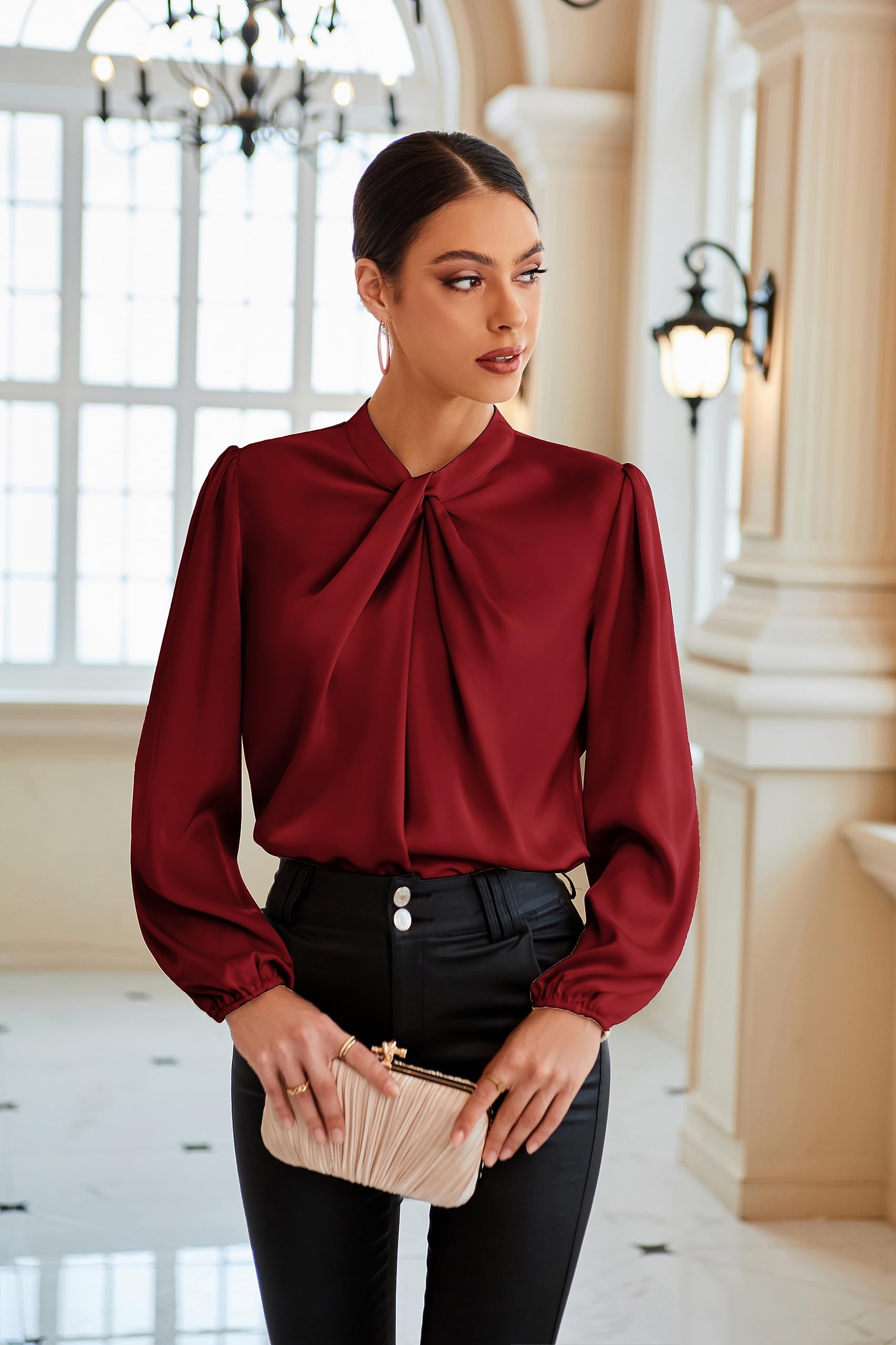 GRACE KARIN Blusa Elegante Donna Maniche Lunghe a Lanterna Tinta Unita con Scollo Rotondo da Ufficio Casual