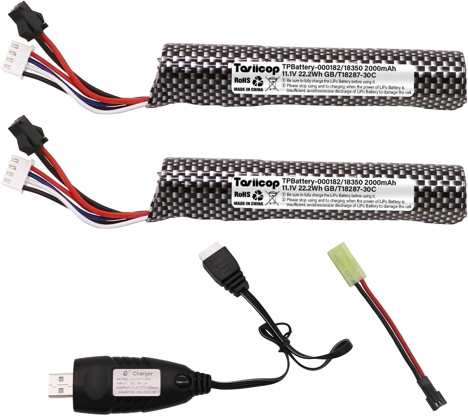 Tosiicop Airsoft Lipo Battery 11.1V - 2000mAh Airsoft Gel Water Bead Blaster Batteries for Splash Ball with Mini Tamiya Connector to SM-2P Plug Charger Cable Rechargeable Batteries Pack