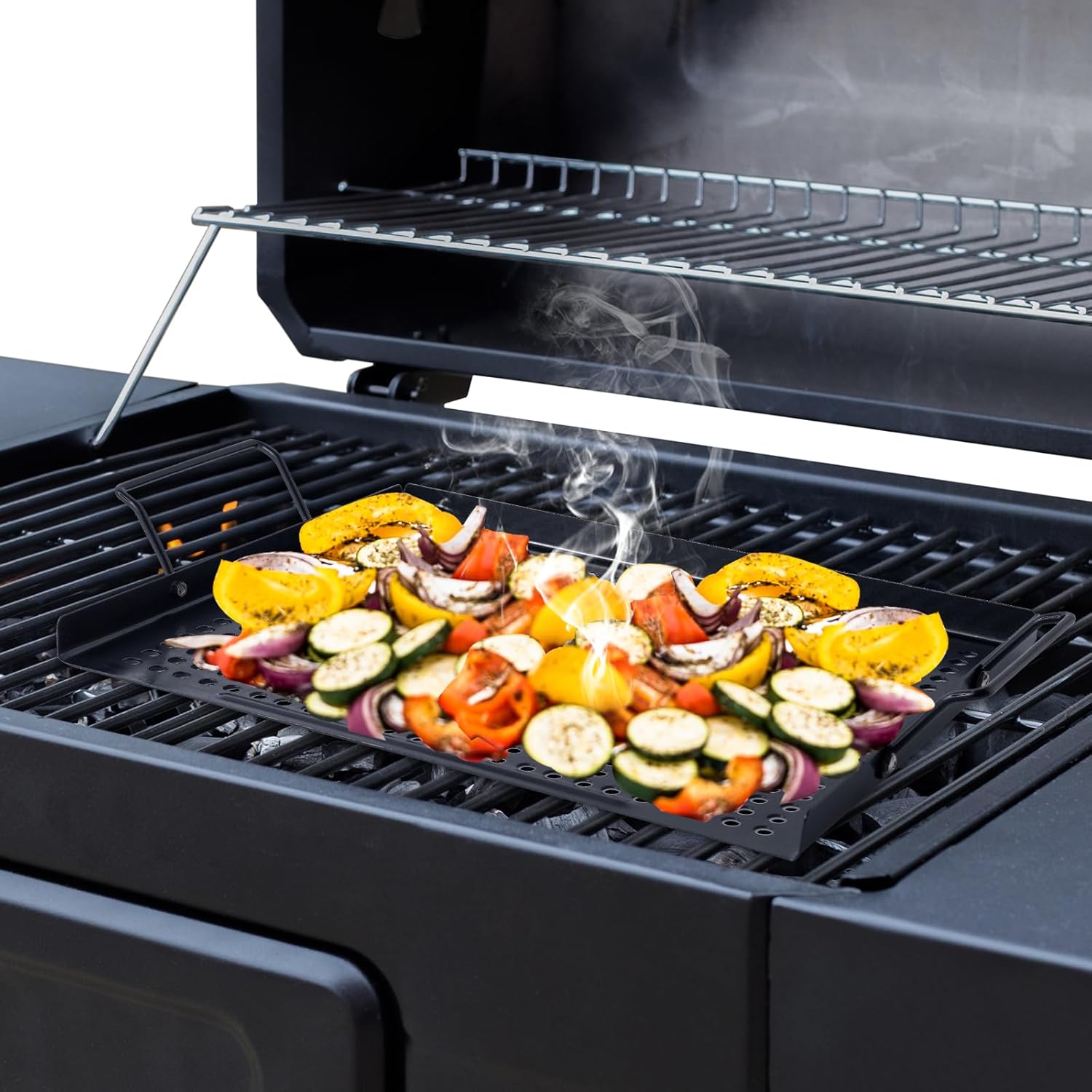 MEHE Vegetable Grill Basket,Nonstick Grilling Topper 14.6 "x11.4 Thicken Grill Pan BBQ Accessory for Grilling Veggie, Fish, Shrimp, Meat, Camping Cookware (With Hand)