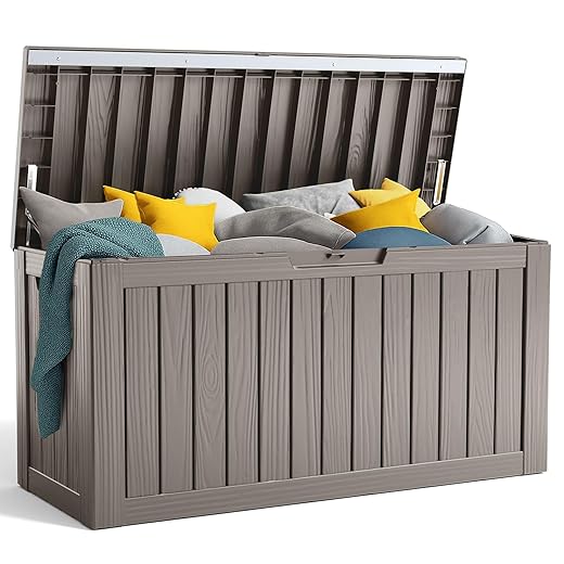 90 Gallon Resin Deck Box, Lockable Patio Outdoor Storage Box for Furniture, Garden Tools and Tools Storage, Waterproof Outside Storage Boxes - Grey