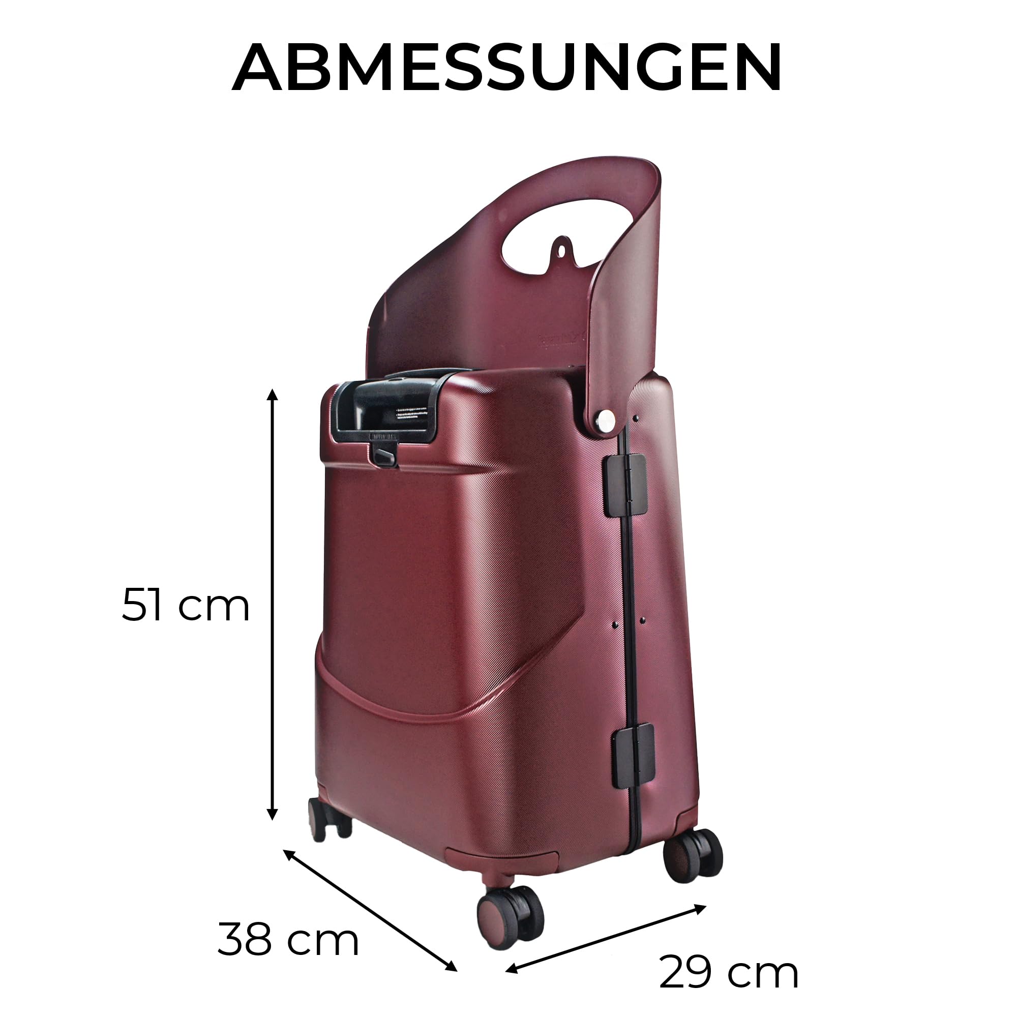 MiaMily Kinder Ride-On Handgepaeck-Koffer, Klappsitz, Sicherheitsgurt, TSA-Schloss, 4 Doppel-Spinner-Rollen, Hartschale, 43L, Burgunderrot