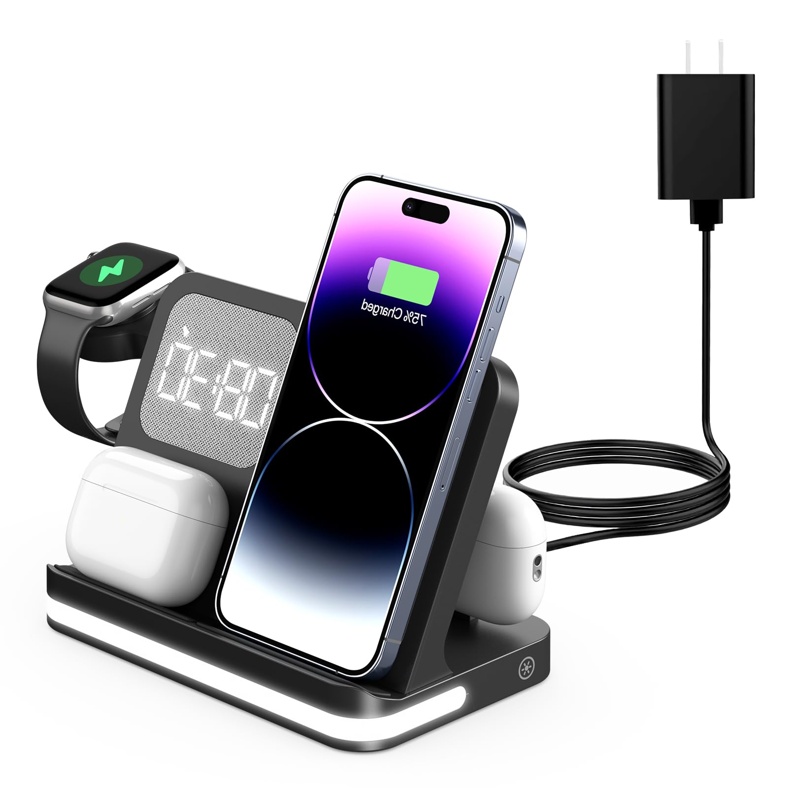 7 in 1 Wireless Charger for Phone, Wireless Charging Station Compatible with Multiple Devices iPhone, AirPods, and Apple Watch - iPhone Fast Charging Station with Night Lamp and Clock(Black)