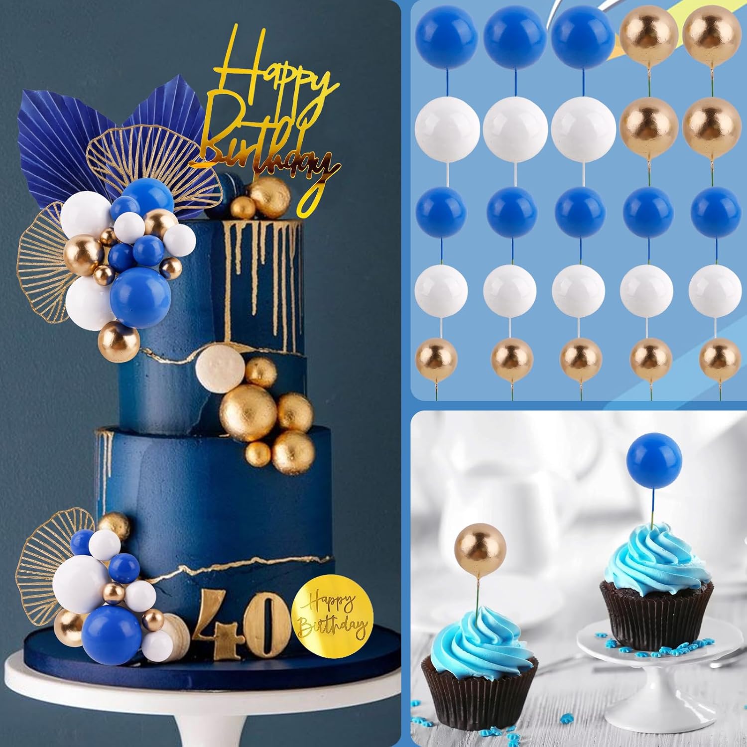 MEMOVAN Blue White Gold Ball Cake Toppers Balls Cupcake Toppers Foam Ball Shaped Cake Picks DIY Balloon Cake Insert Topper Ball Birthday Cake Decorations for Birth Boho Wedding Baby Shower Party