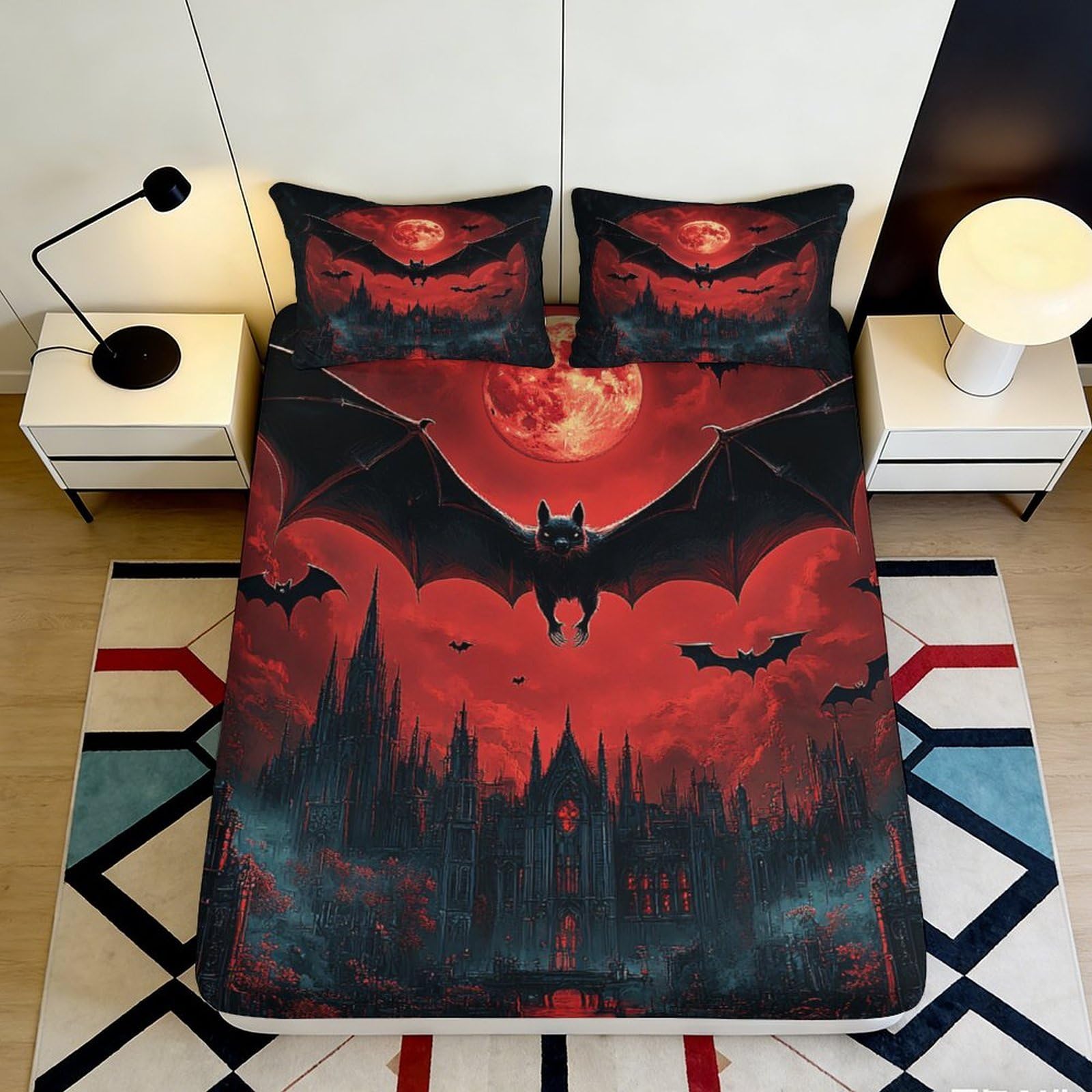 3D Printed Gothic Vampire Fitted Sheet Microfiber Soft Red Moon Bat Mattress Cover for Bedroom Dorm Room Decor 90x200x25cm
