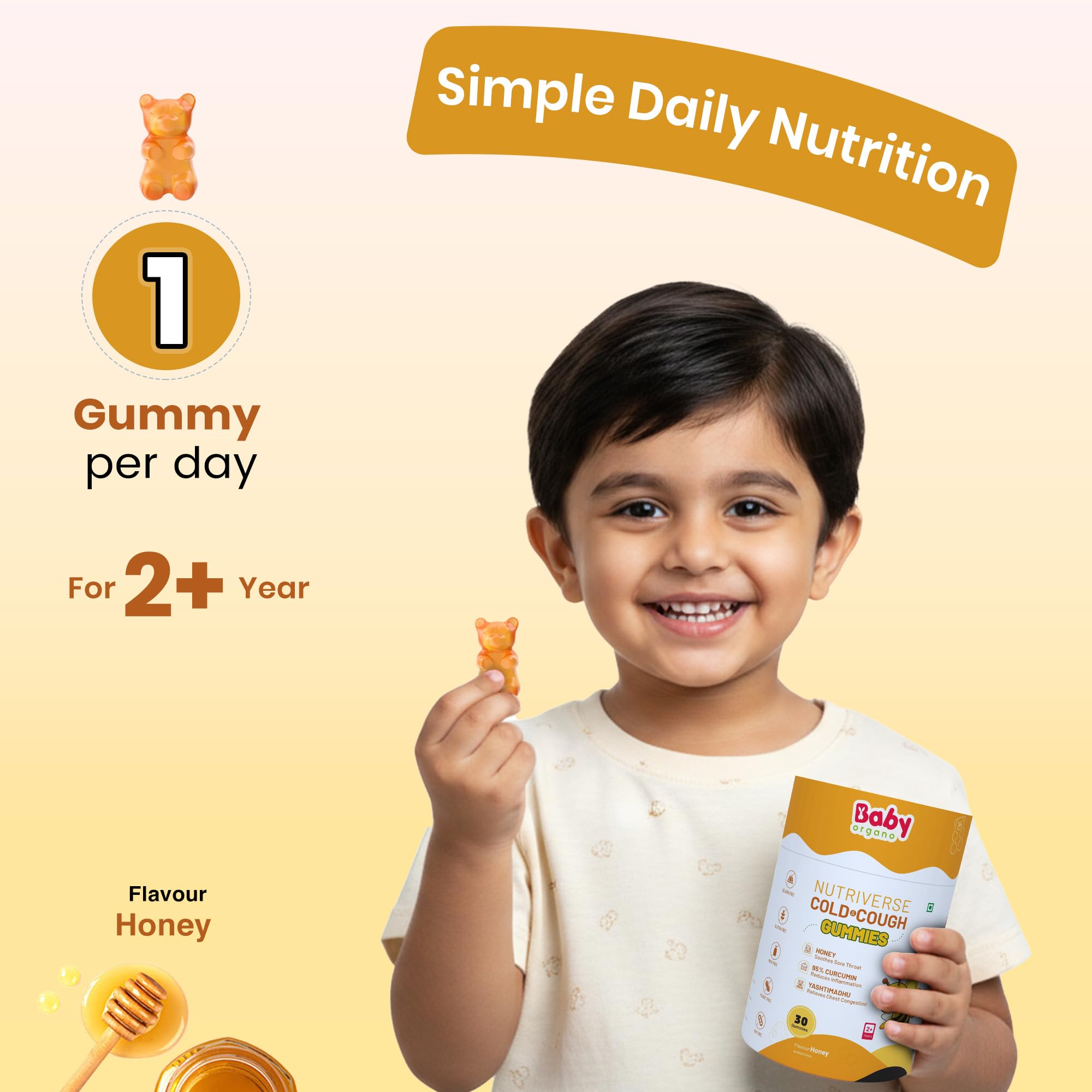 BabyOrgano Cough & Cold Relief Gummies for Kids 2-15 Years | Yashtimadhu, Turmeric & Ginger | Sore Throat & Congestion Support | Non-Drowsy, Gelatin & Gluten-Free | Honey Flavour | 30 Gummies 4