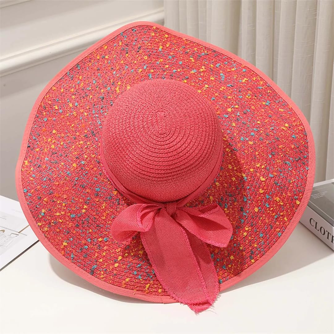 Yeuyyben Cappello estivo da donna con visiere pieghevoli, cappello da sole a tesa larga, cappello da spiaggia con fiocco, cappello di paglia da viaggio, B-bianco, Taglia unica