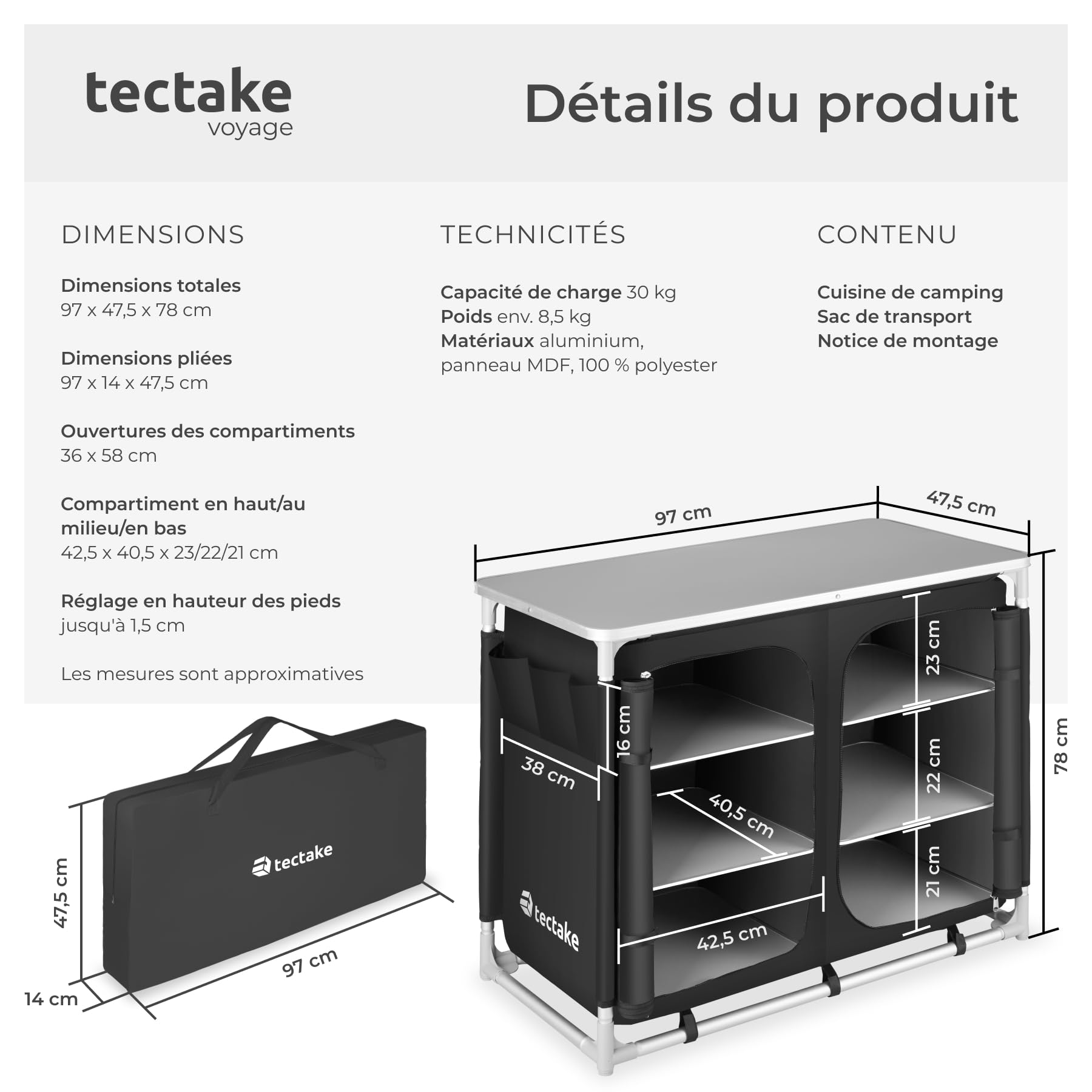 tectake® Meuble de Rangement Cuisine de Camping Pliable en Aluminium, avec Étagères, Plan de Travail, Pieds réglables, Sac de Transport Inclus, Stockage pour Vaisselle, Accessoires Cuisine, Aliments