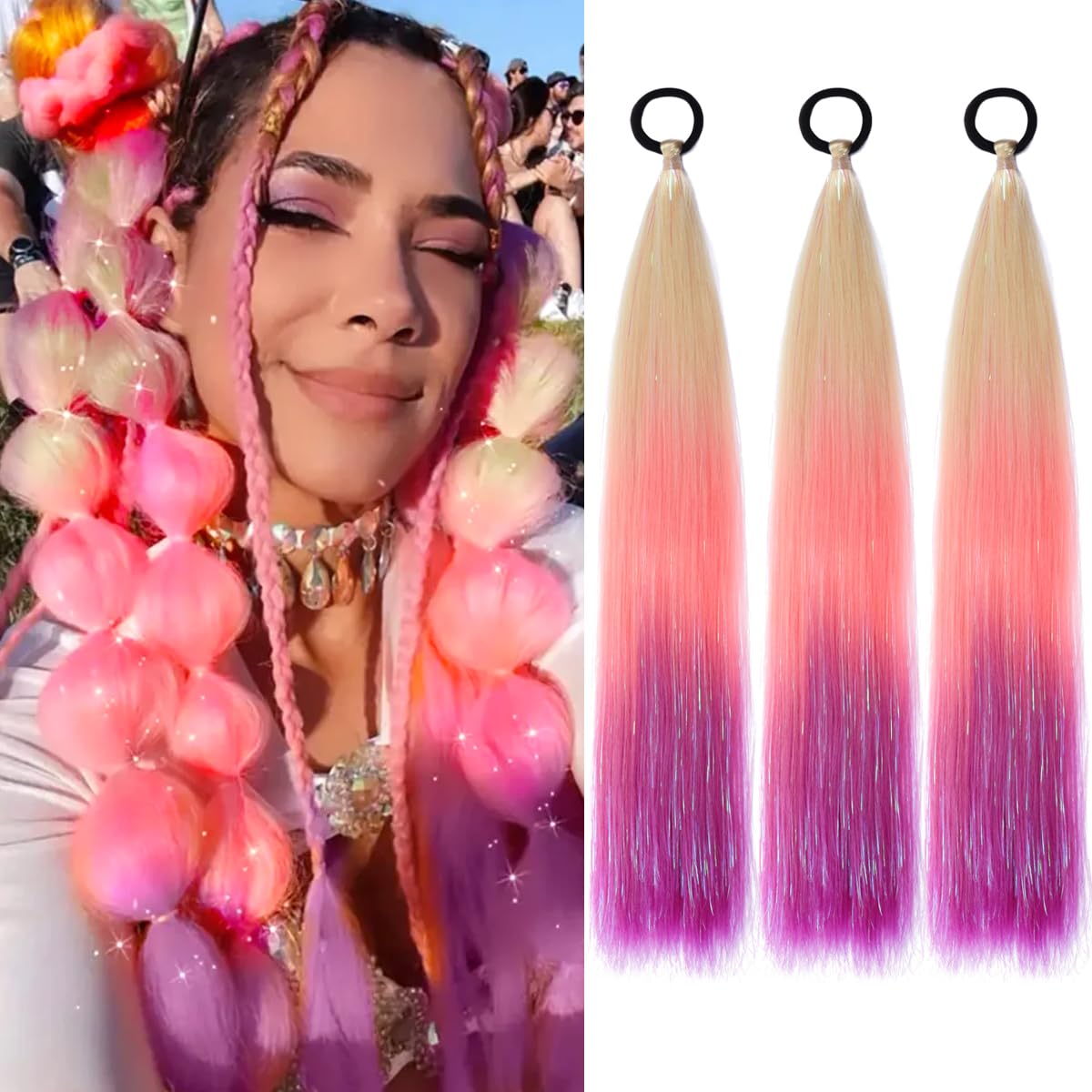 PORSMEER 3 Pcs Rainbow Hair Extensions With Elastic Tie,3 Tone Mermaid Hair for Braiding Crochet,Synthetic Braided Ponytail Extension for Women,Glitter Hair for Festival/Party(Blonde/Pink/Purple)