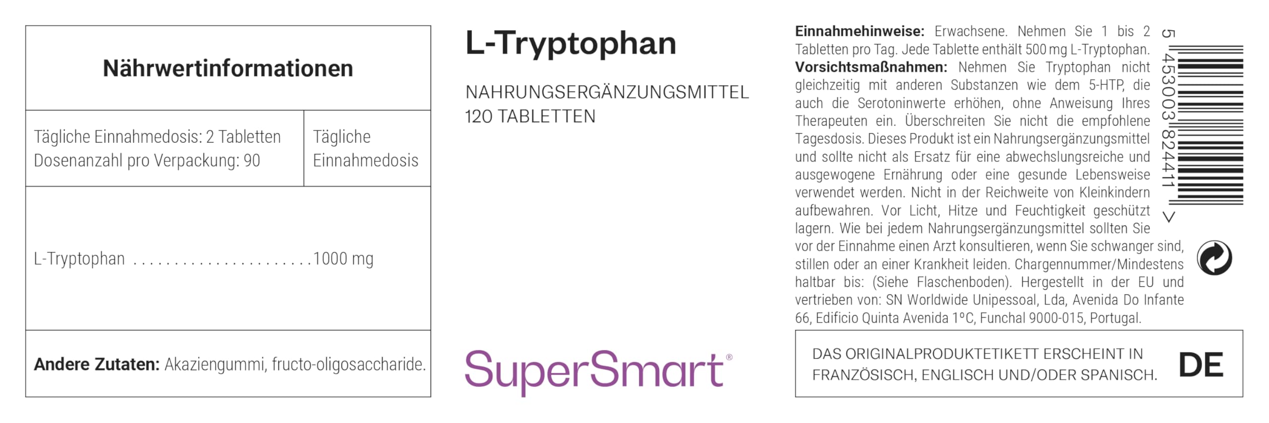 L-Tryptophan - Aminosäure natürlichen Ursprungs - Glutenfrei - SuperSmart