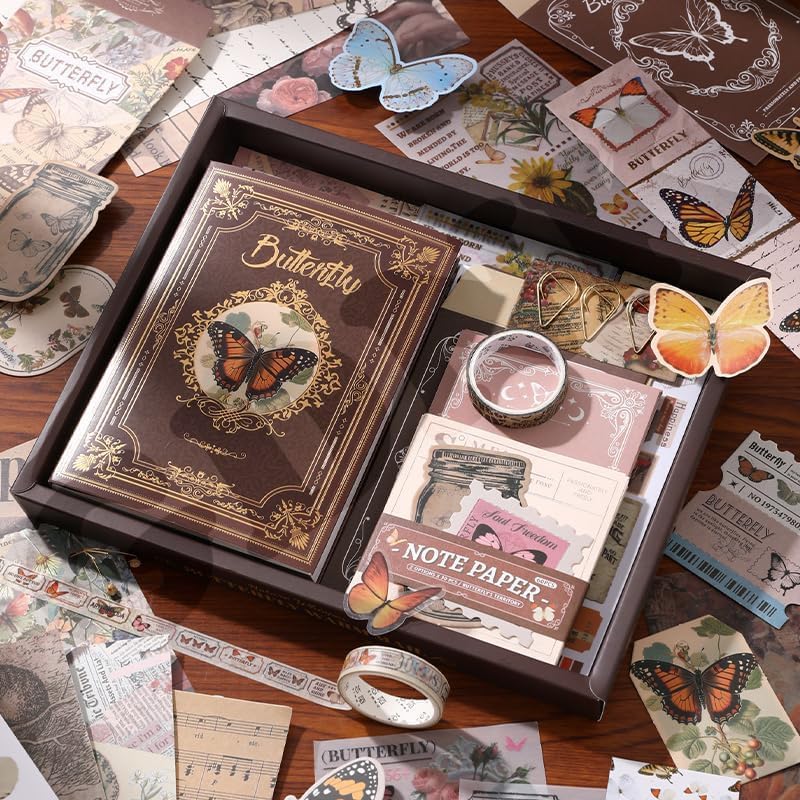 Image of GDNK Scrape Book Kit Scrapbooking Kit Vintage Journal Scrapbook Pack DIY Paper Stickers, Craft Kits Notebook, Collage Album Aesthetic Sticker Journaling Scrapbook Photo Album (Brown Butterfly)