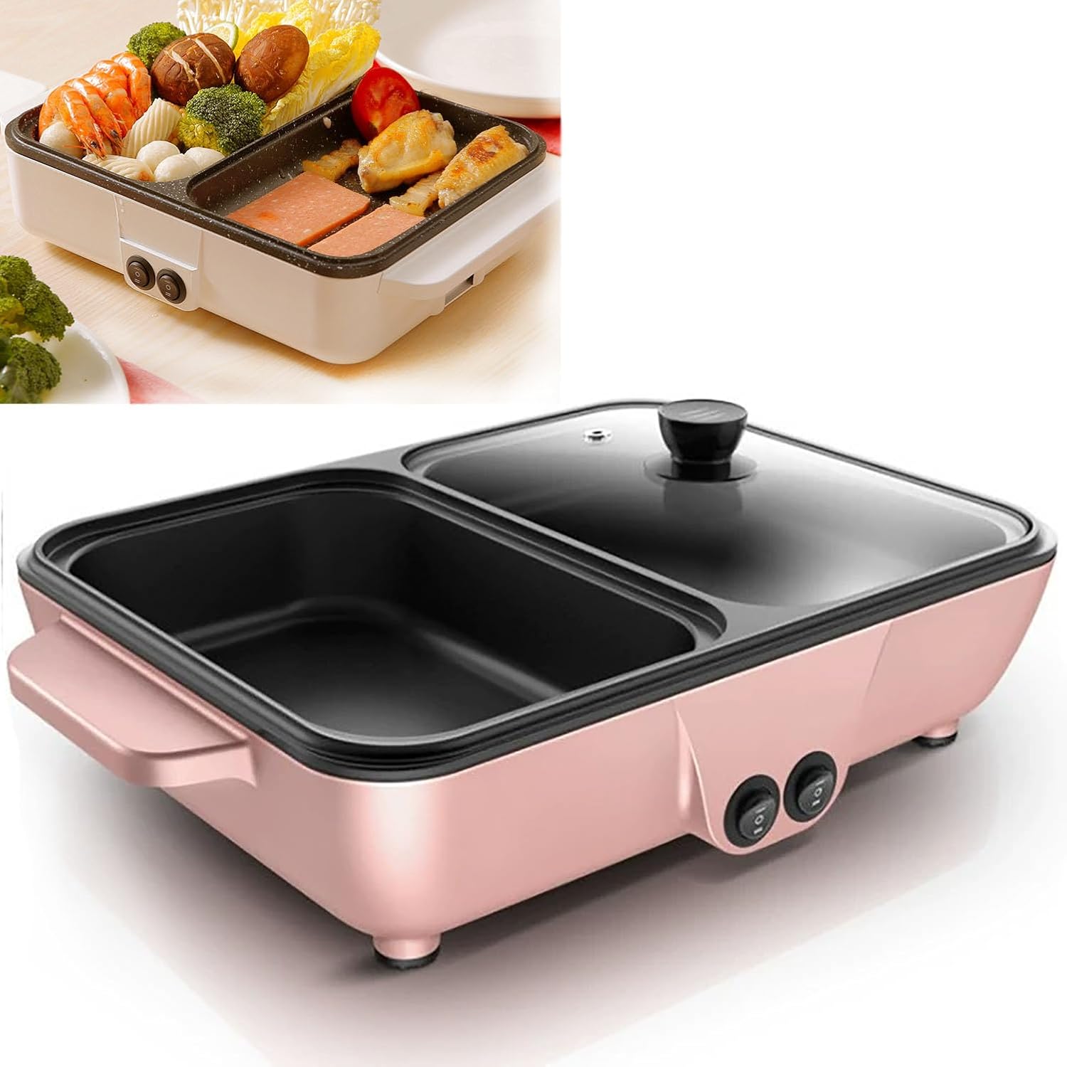 Olla Eléctrica Multifunción GAZOGJ 2 en 1, Parrilla y Fondue, 1200W, Rosa