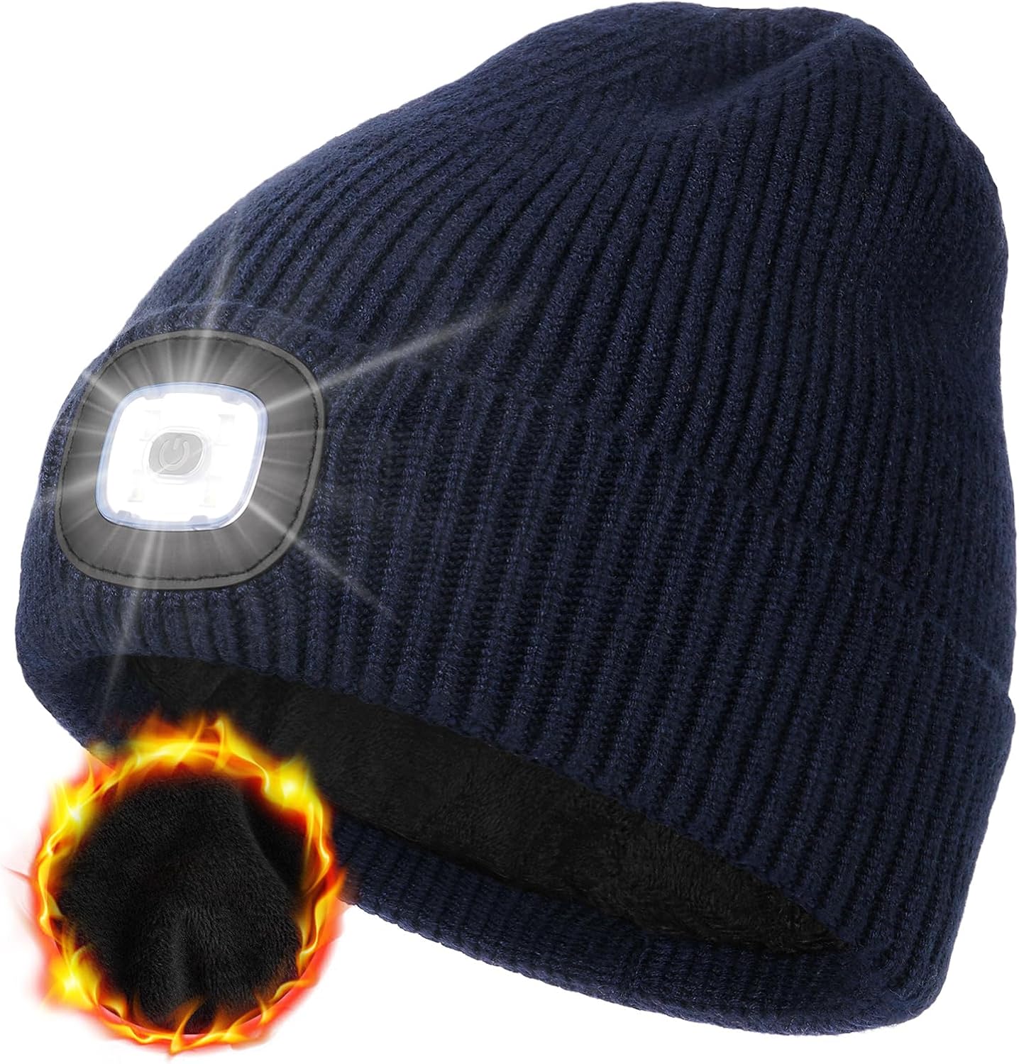 MELASA Winter Fleece Lined LED Beanie, USB Rechargeable Hand Free Warm Hat with Light Built in, Gifts for Men Dad Husband Him