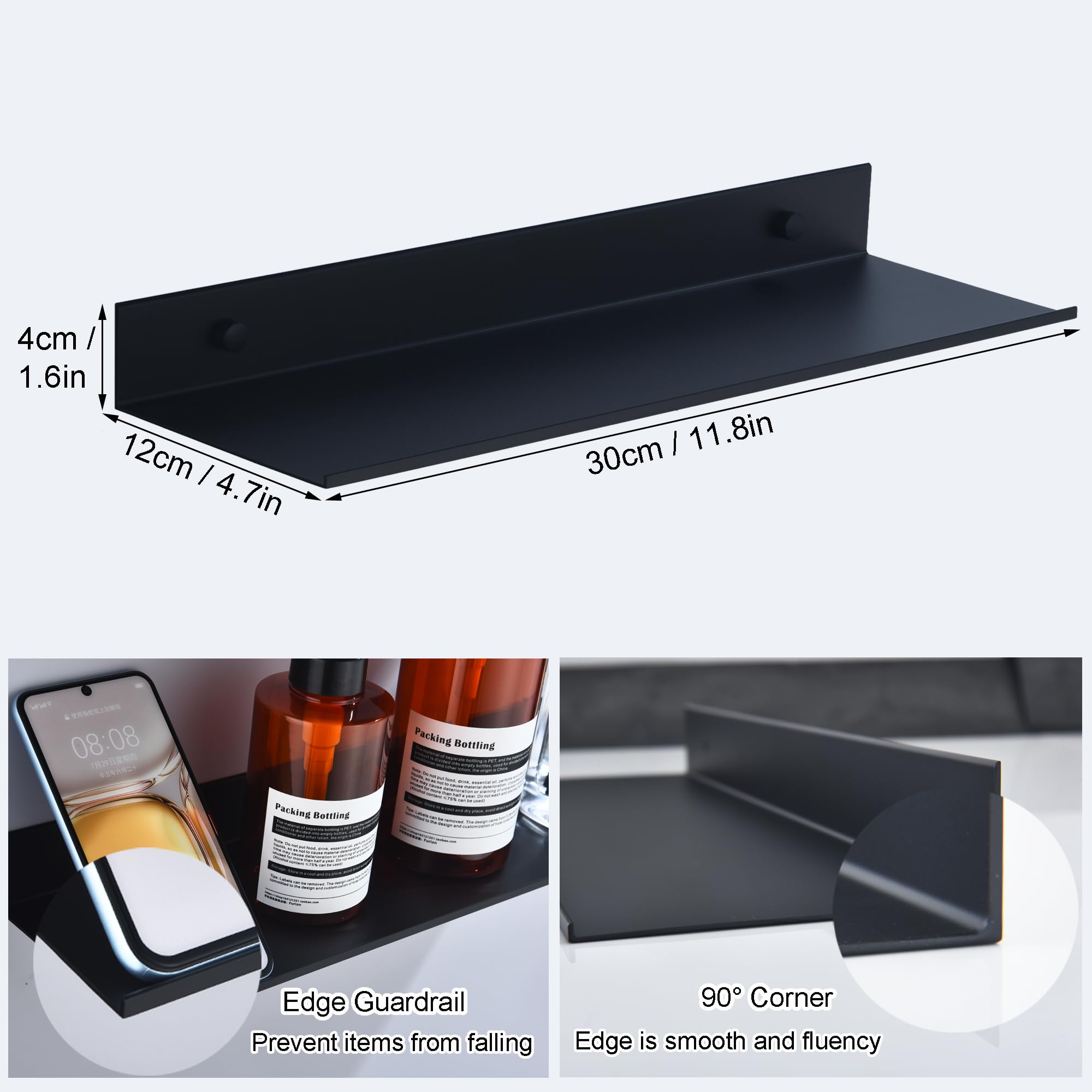 HNVNER Mensola Doccia da Muro Nero 2 Pezzi, Porta Sapone per Doccia Senza Foratura, Mensole da Muro Design Moderne 30cm, Metallo Scaffale da Parete per Bagno, Soggiorno, Cucina, Ufficio