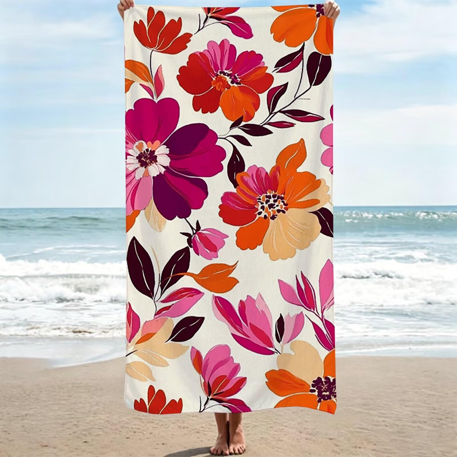 Serviette de plage XXL imprimé floral rural de 100x220 cm pour vos pique-niques et sorties piscine