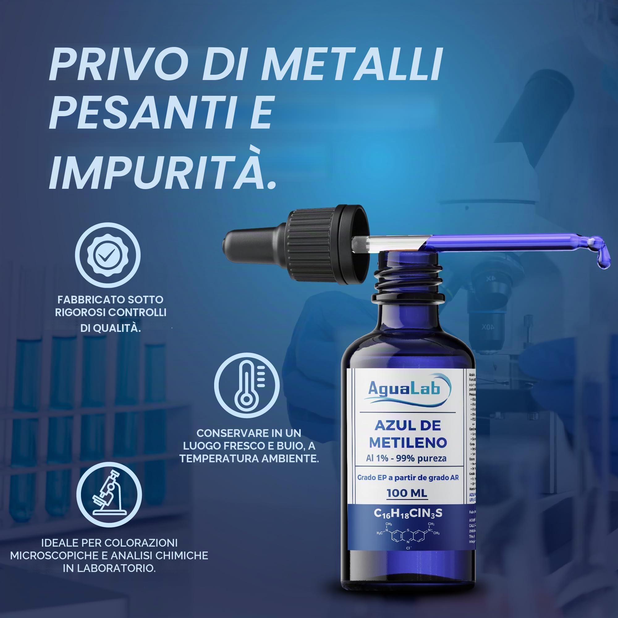Blu di Metilene 1% Soluzione Grado EP 100 ml Alta Purezza 99% Flacone di Vetro Ambra con Dosatore