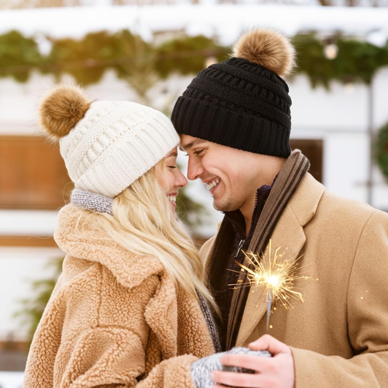 Knitted Beanie Hat with Faux Fur Pom Couple Winter Warm Skull Cap Knit Beanie Soft Ski Cap for Women Men - Image 4