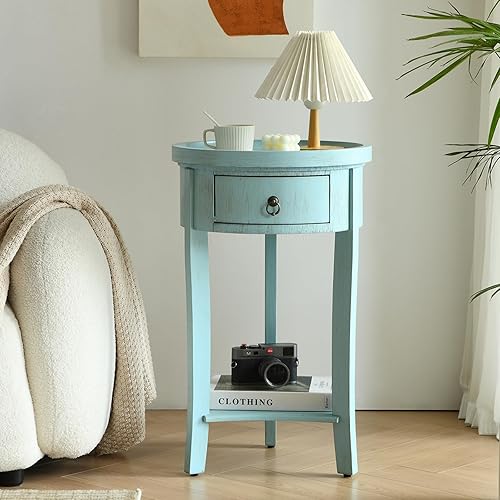 Mesita de noche redonda con cajón, mesita de noche azul vintage con estante, mesa auxiliar pequeña rústica con almacenamiento para dormitorio, sala