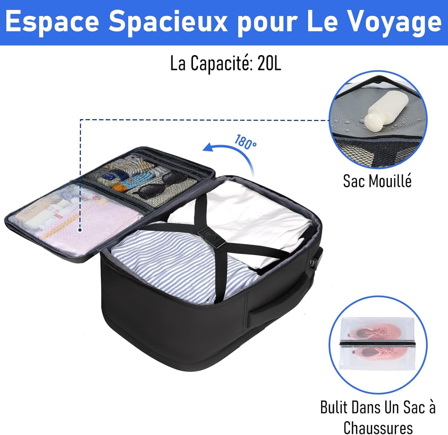 Taygeer Bagage Cabine 40x30x20 Ryanair, Sac a Dos Voyage Cabine Avion 40x30x20 Comme Cadeau Voyage, Imperméable Valise Cabine Bagage à Main, avec Sac à Chaussures, Homme Femme, Campus, Noir