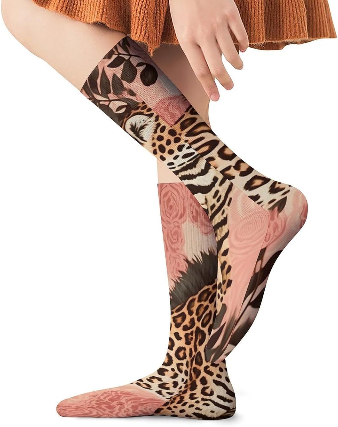 Breathable Crew Sock, Moisture Wicking, Athletic Calf Socks, Cozy | Striped Leopard Compression Socks for Women Men, Lightweight High Work Socks for Business, Casual