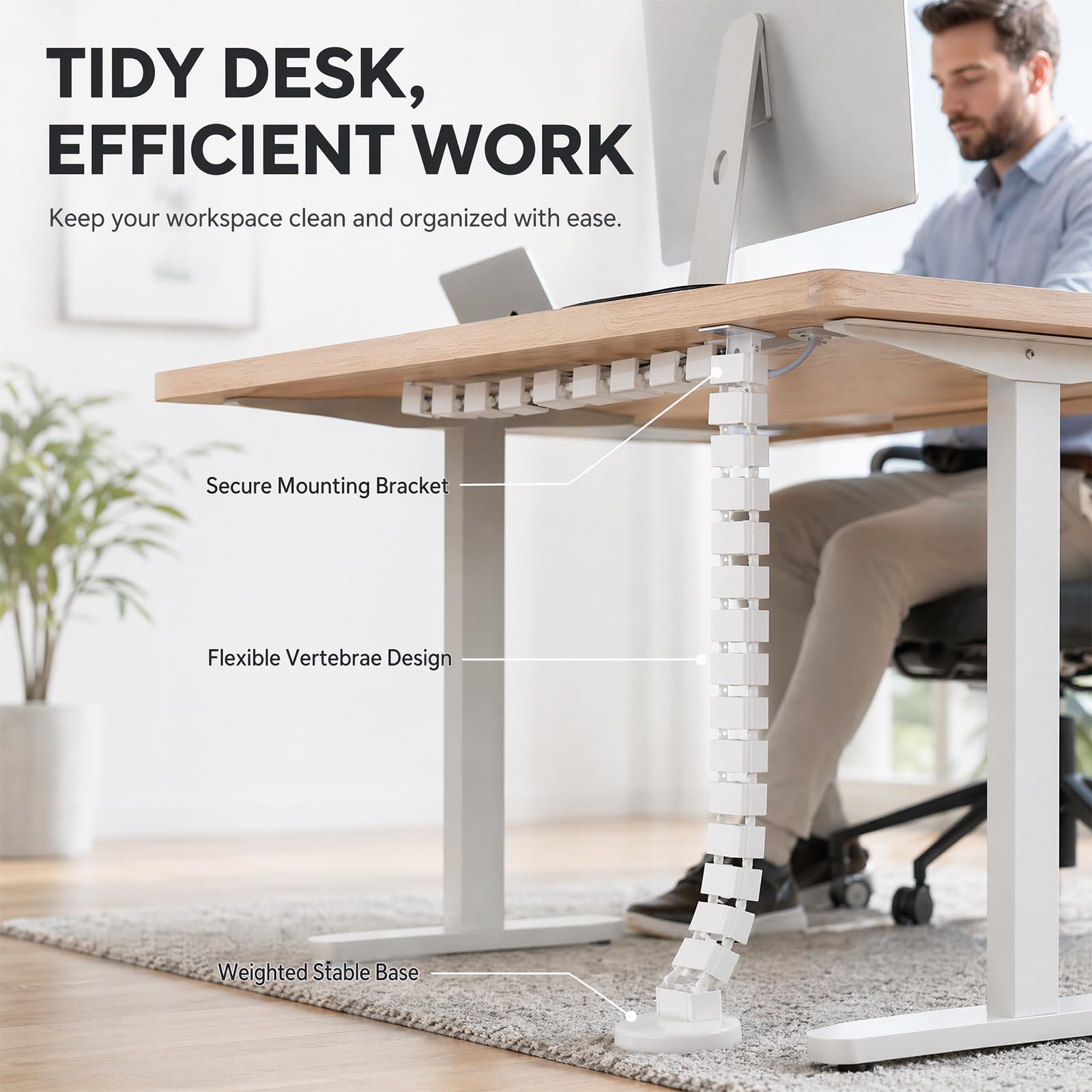 Guide-câble carré Flexible 130cm, Organisateur Rangement Fils chaîne Serpent, Accessoire Gestion câbles Bureau Hauteur Ajustable Couleur Blanc