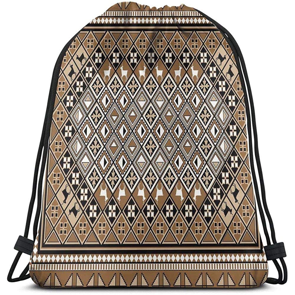 jingqi Drawstring Tote Bags,Draw Cord Bag,String Pull Backpack,Geometrical Ethnic Eastern Frame With Diagonal Checks And Deer Gym Bags,Travel Sackpack,Sport Cinch Pack