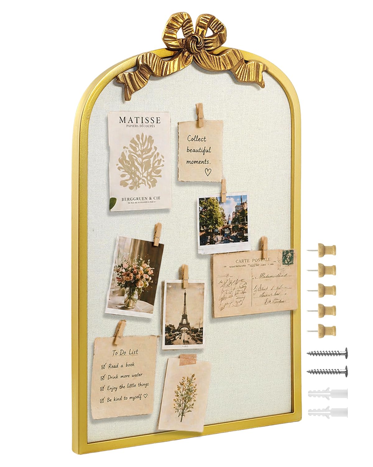 Umtiti 16" x 26" Vintage Arch Copper Frame Large Linen Bulletin Board with Bowknot for Wall Decor in Home Office,Bowknot Golden-4065 — image 1