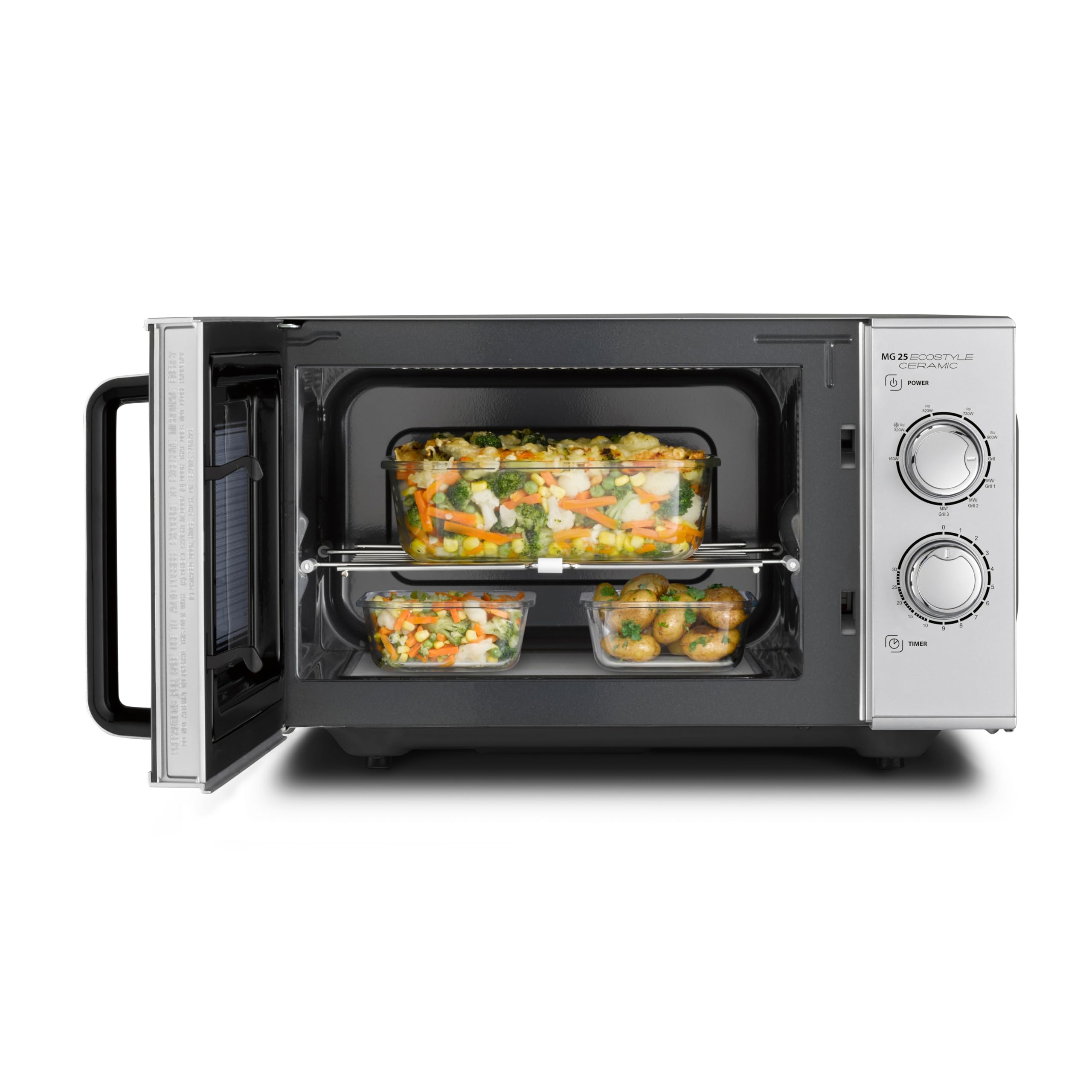 CASO MG 25 Ecosytle Ceramic - Microondas 2 en 1 sin plato giratorio con grill de 1000W - Capacidad de 25L - Temporizador hasta 30 mins - grande - plateado