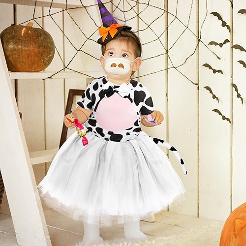 Miniatura 6 de Bonuci Disfraz de vaca de Halloween para niñas y niños, incluye diadema de vaca, cola, nariz, corbatín, falda, camiseta y pegatina
