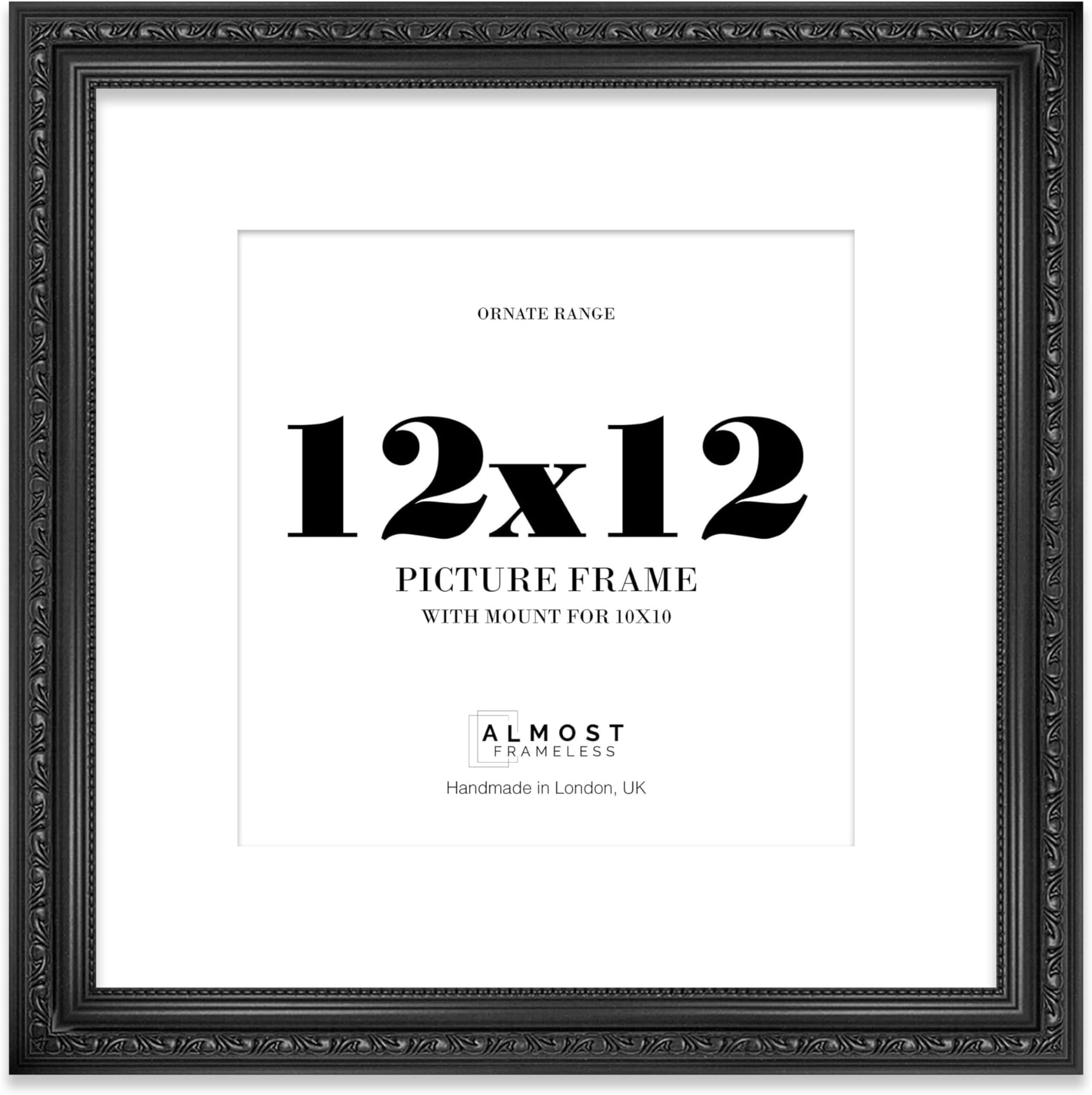 12x12 Black Ornate Photo Frame With White Mat For 10x10 Picture, Ready to Hang or Stand, 1 Pack