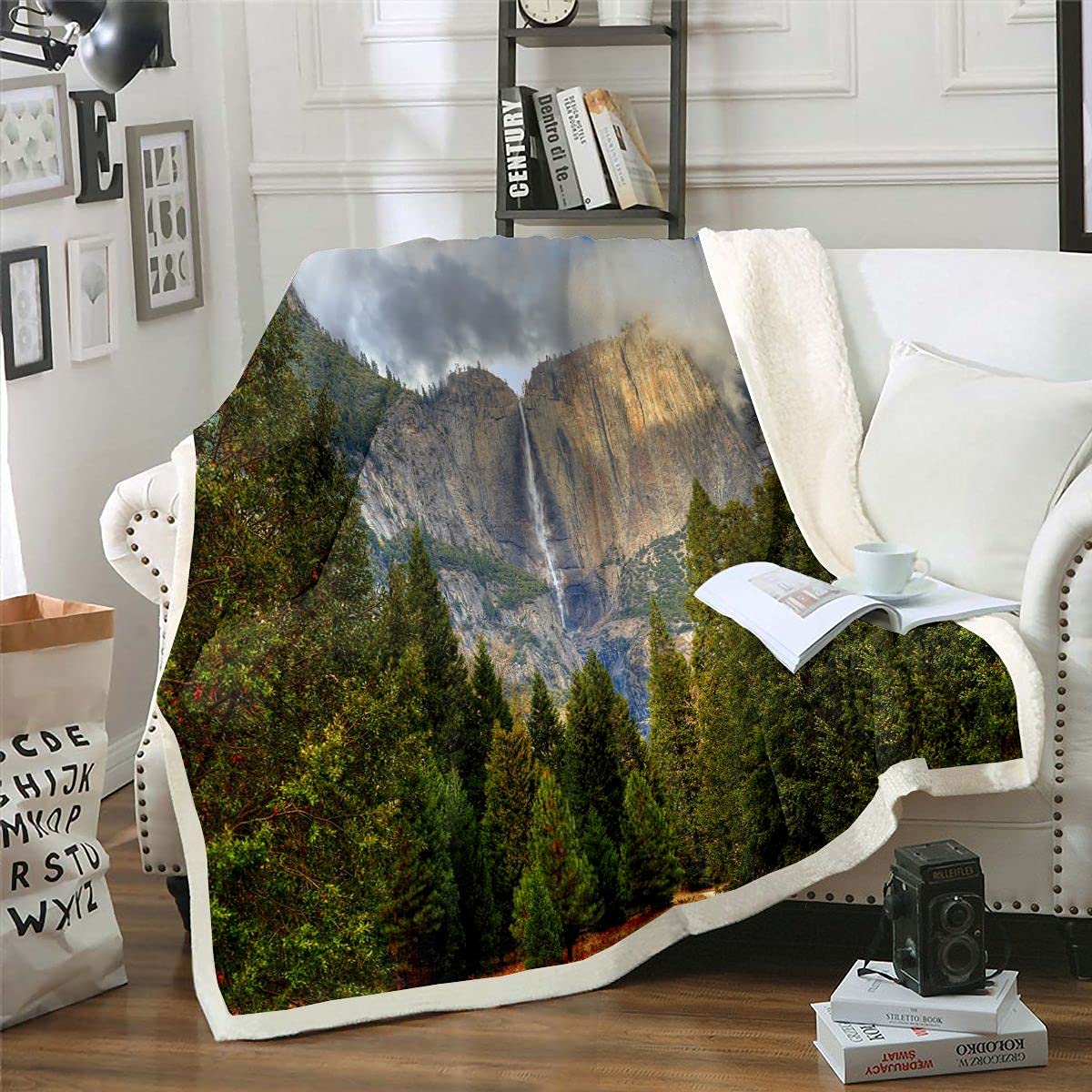 Homemissing Multi 20 Mountain Yosemite Sherpa Blanket Falls Trees Mountain Autumn Nature Print Fleece Throw Blanket Dark Green Fuzzy For Sofa Bed,Double 60X79 Inch