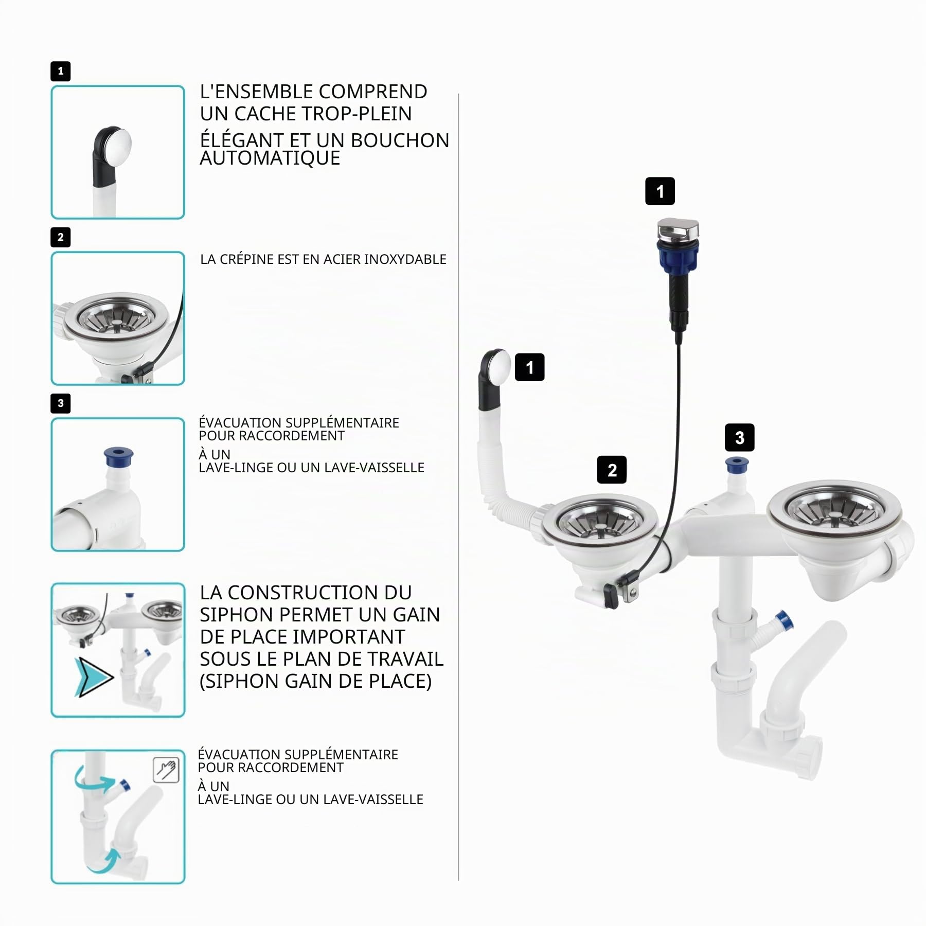 Granmaster Siphon d'évier de cuisine automatique à 2 chambres avec trop-plein pour évier fabriqué en Italie Raccord en bas : panier à tamis 3 1/2" - 30 x 25 x 35 cm