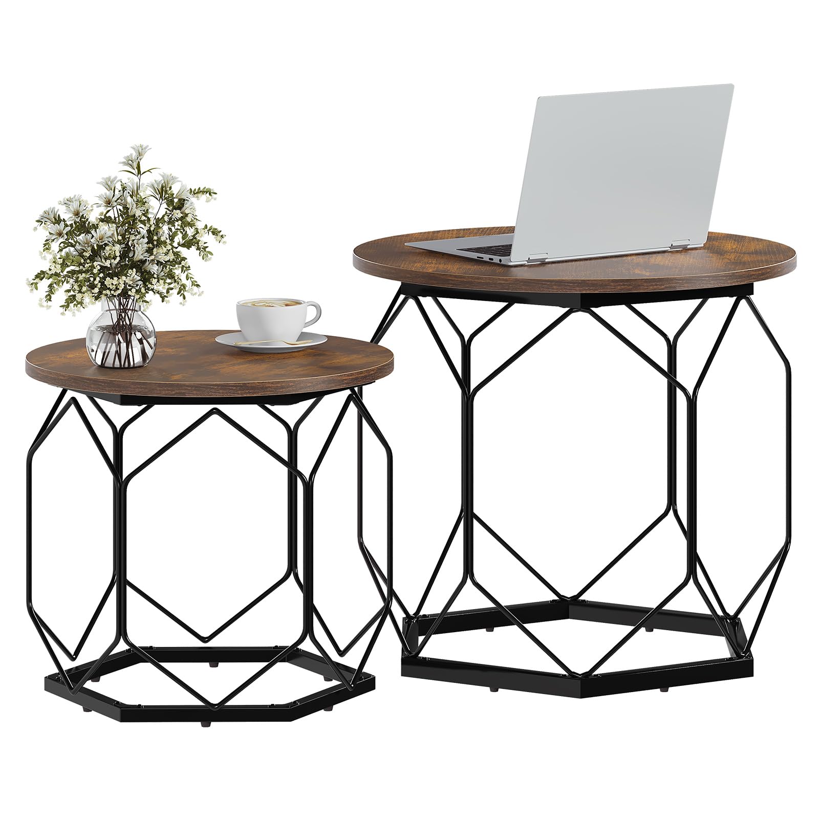 WOLTU Set of 2 Side Tables Living Room Round Coffee Tables with Removable Tabletop, Metal Frame, Rustic Brown, BTS05vbn — image 1