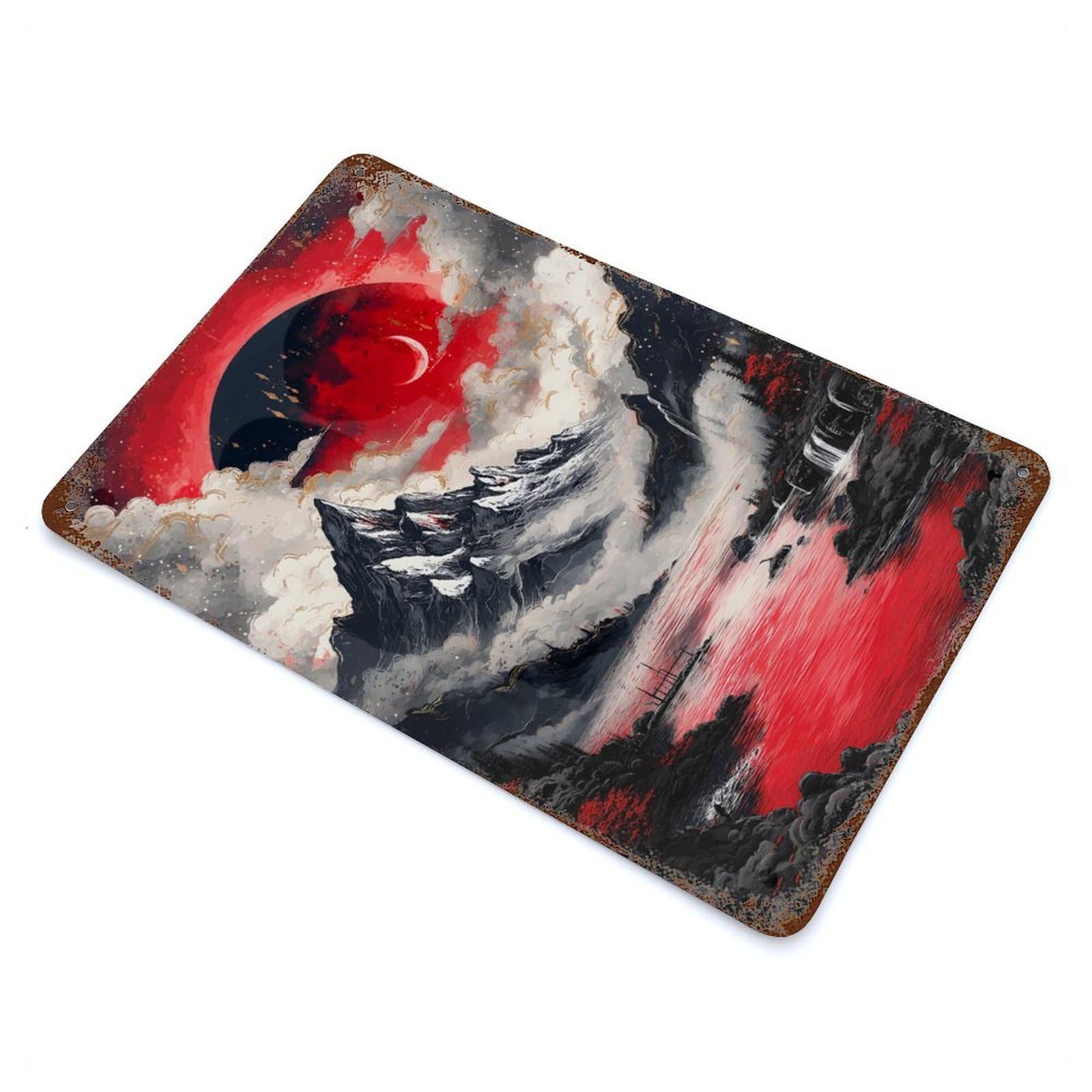 Red Moon Mountain Landscape Vintage Wall Sign 11.8"x7.9", Rust Effect Metal Decor for Living Room, Hallway And Home Decor