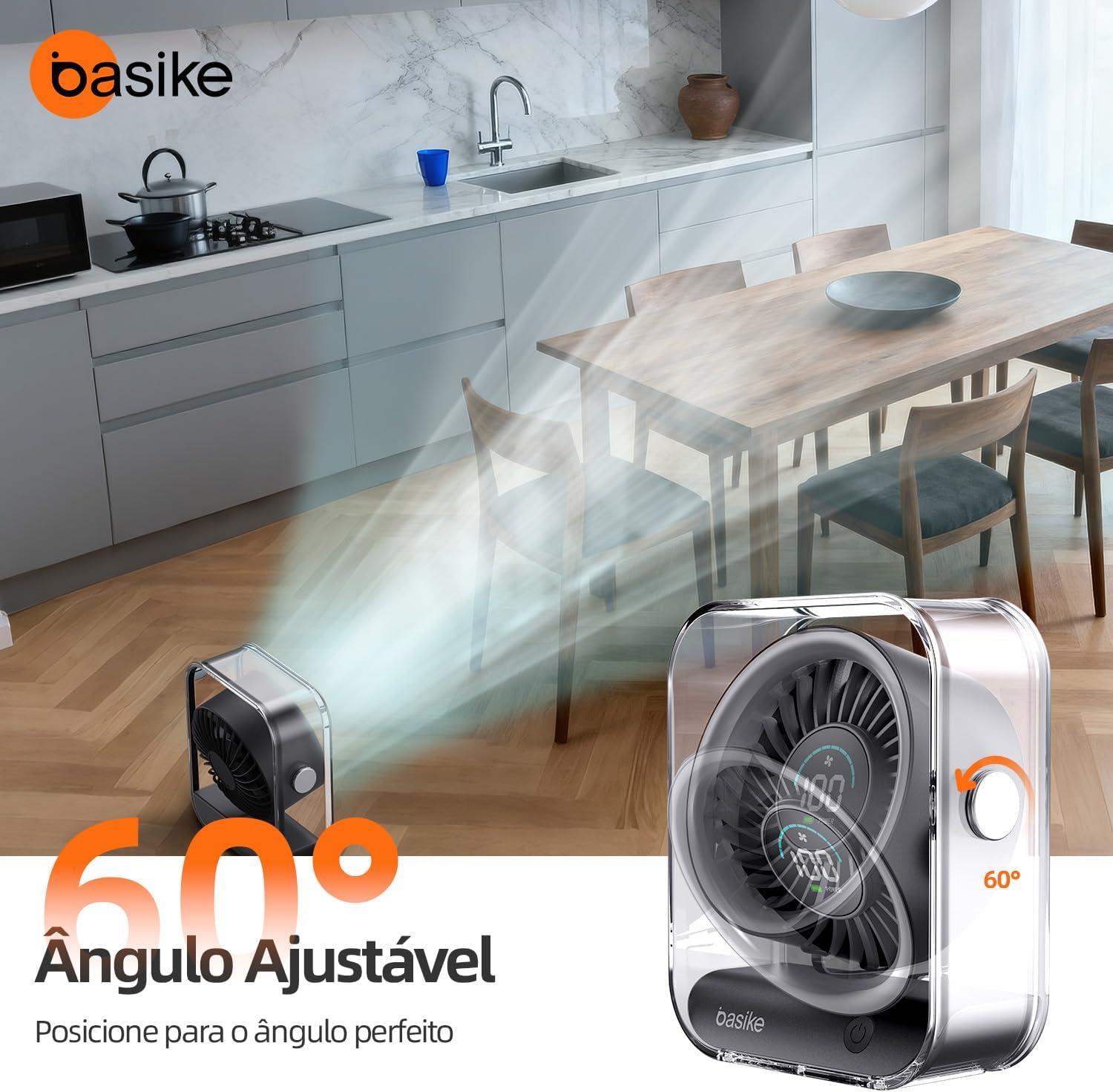 Basike Ventilador de Mesa Mini com Display Digital, 100 Níveis de Velocidade Portátil Bateria 5000mAh de 7h, Anjo Ajustável 60°, Silencioso para Casa, Escritório e Viagens (Preto)