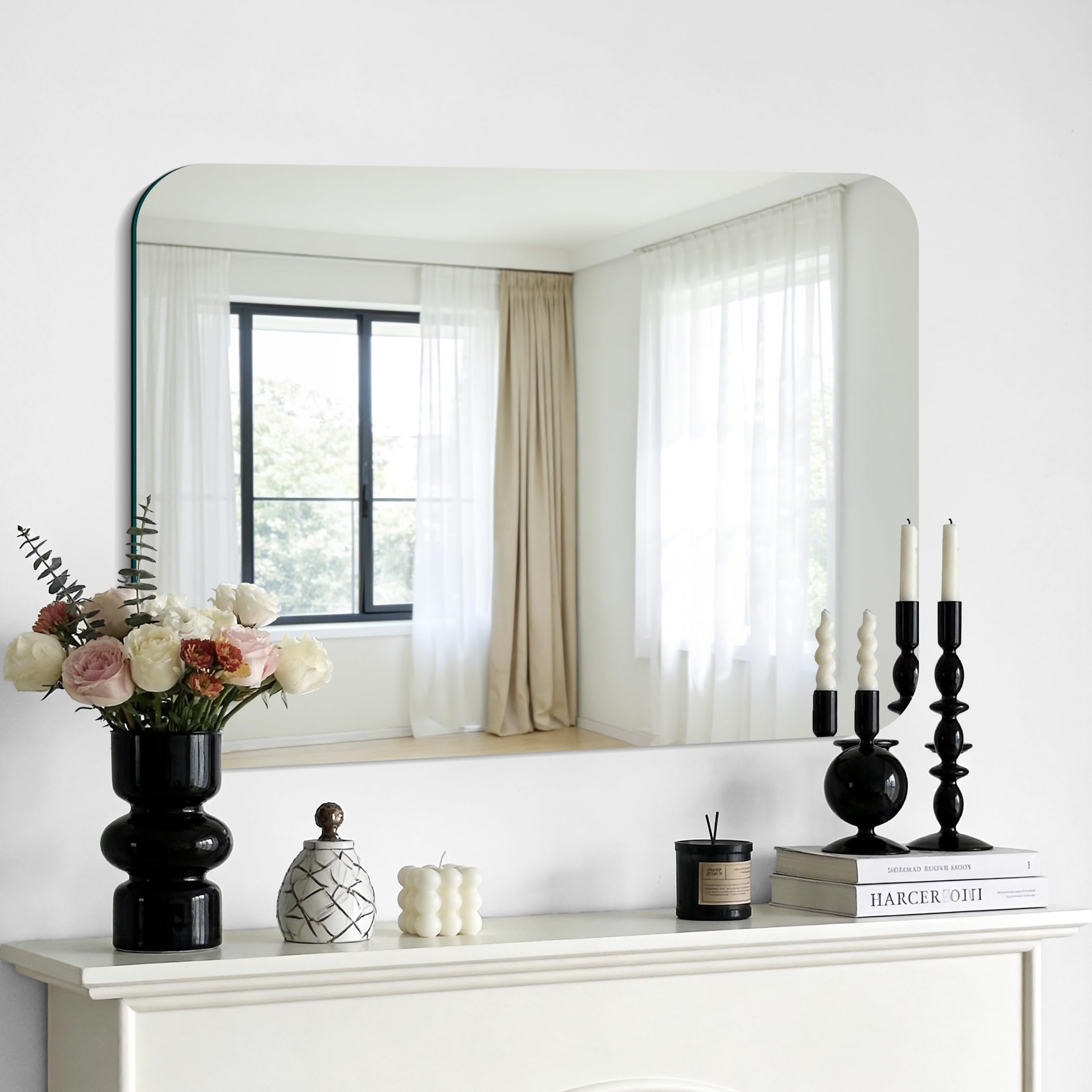 KOCUUY Espejo de baño Rectangular sin Marco, Espejo de Pared de 60 x 80 cm, Espejo con Cristal irrompible, reflexión HD, Esquinas Redondeadas, Adecuado para baños, dormitorios o vestidores.