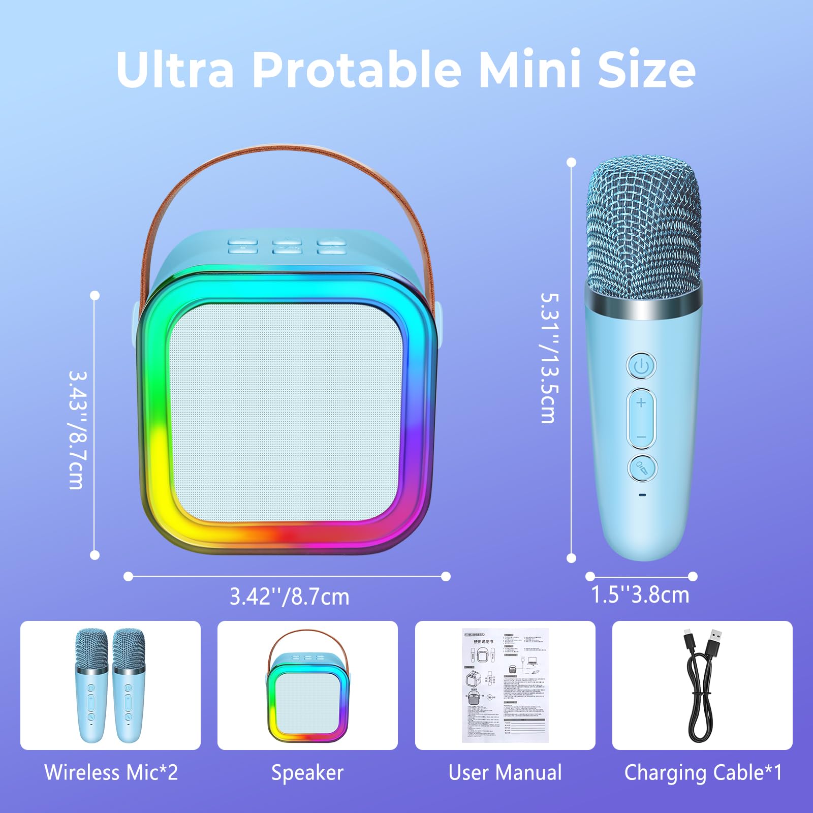 Mini Karaoke Machine for Kids Adults, UZSOMX Portable Bluetooth Speakers and 2 Wireless Microphones Song Toys with LED Light, Chritmas Birthday Toys Gifts for Girls Boys Toddler Teens (Blue 2 Mic) 1