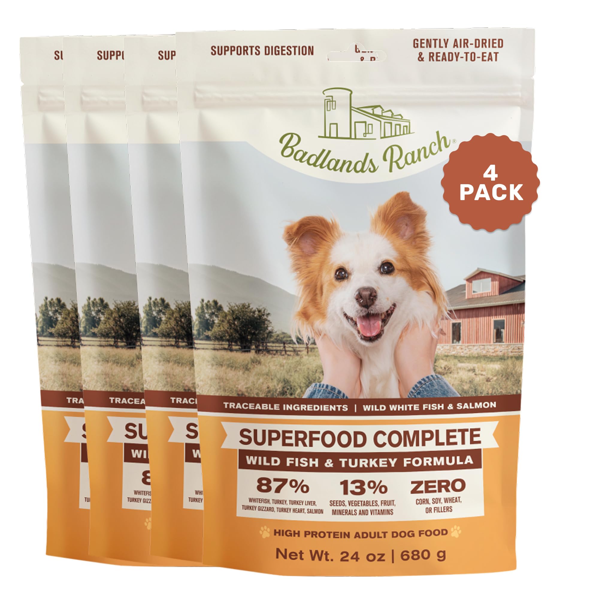 BADLANDS RANCH Air-Dried Fish &amp; Turkey Dog Food, 87% Meat, 24 oz, 4-Pack
