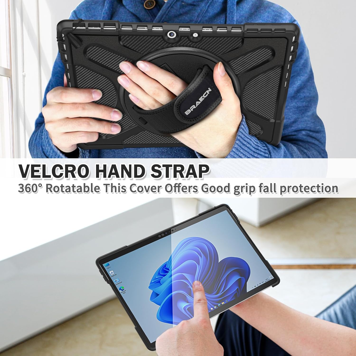 BRAECNstock for Microsoft Surface Pro 11/10/ 9 Case 13", Rugged Protective Case with Rotating Stand & Hand Strap, Pencil Holder, Compatible with Type Cover Keyboard, Black