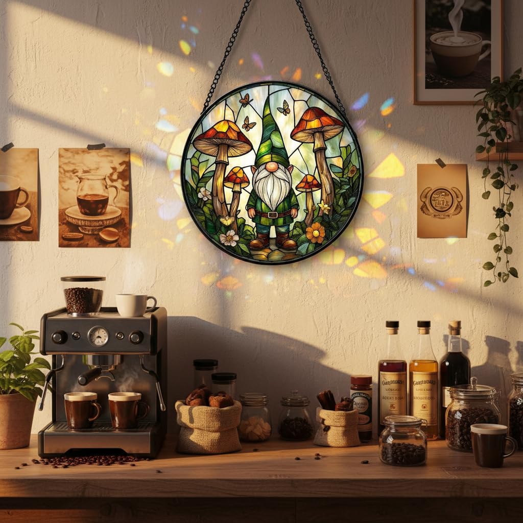 Gnome Stained Glass Suncatcher for Window Hanging, Forest Gnome with Mushrooms Sun Catcher Ornament, Woodland Home Decor Gift for Mother's Day, Birthday, Housewarming GN07 (7.9'') - Image 3