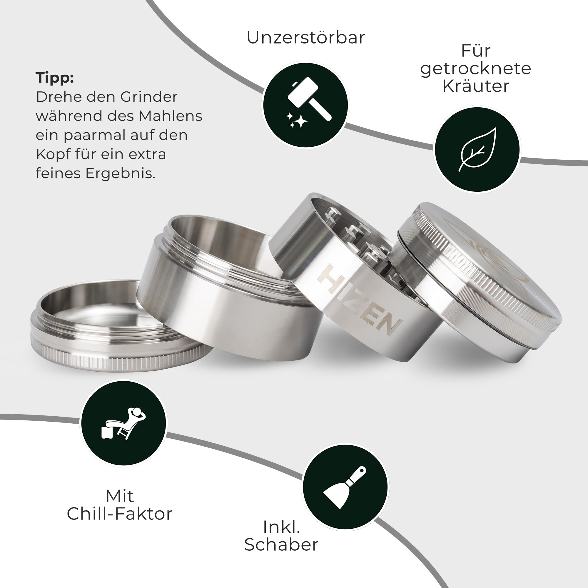 Grinder Edelstahl 4-teilig, mit Siebfach + Schaber - optimiertes Mahlwerk, abriebfest, magnetisch - Silber Glänzend Ø4.9cm