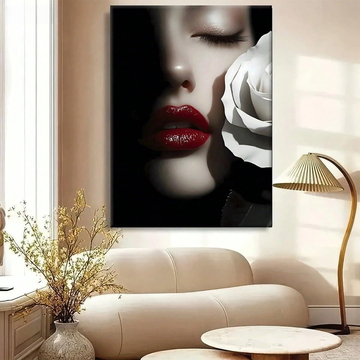 TZKBDMA Painting on Canvas Prints Poster Elegant Red Lip And White Rose, Modern Minimalist Mural Decorations(80x120cm/Without frame)