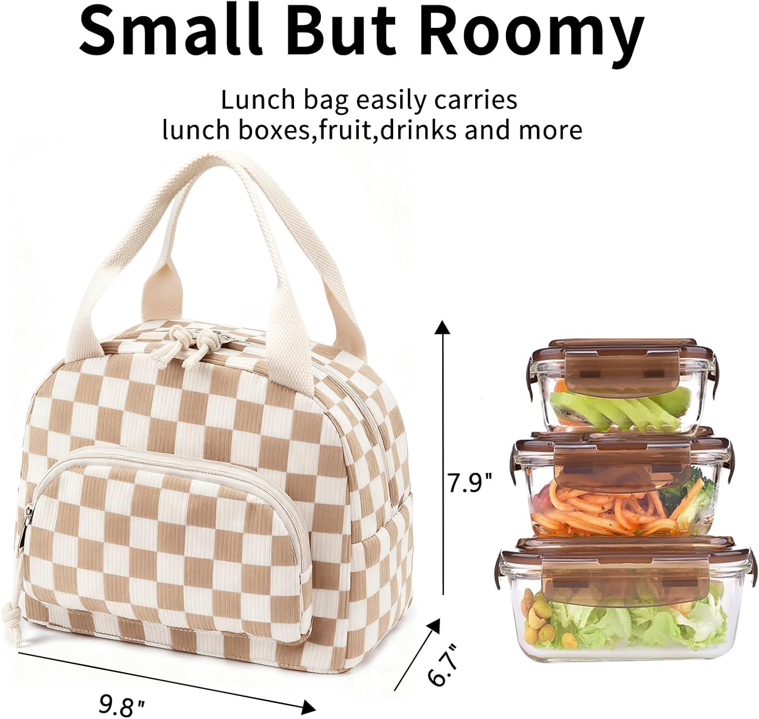Lunch Bag Women Lunch Box for Women Adult Cute Insulated Lunch Bag Small Cooler Lunch Tote Bags for Work Picnic School (Beige-Brown Plaid) - Image 3