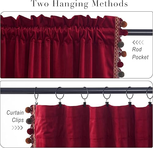 Miniatura 2 de StangH Cortinas de terciopelo con pompones rojos de lujo, decoración del hogar navideña, con aislamiento térmico, para oscurecer la habitación, para