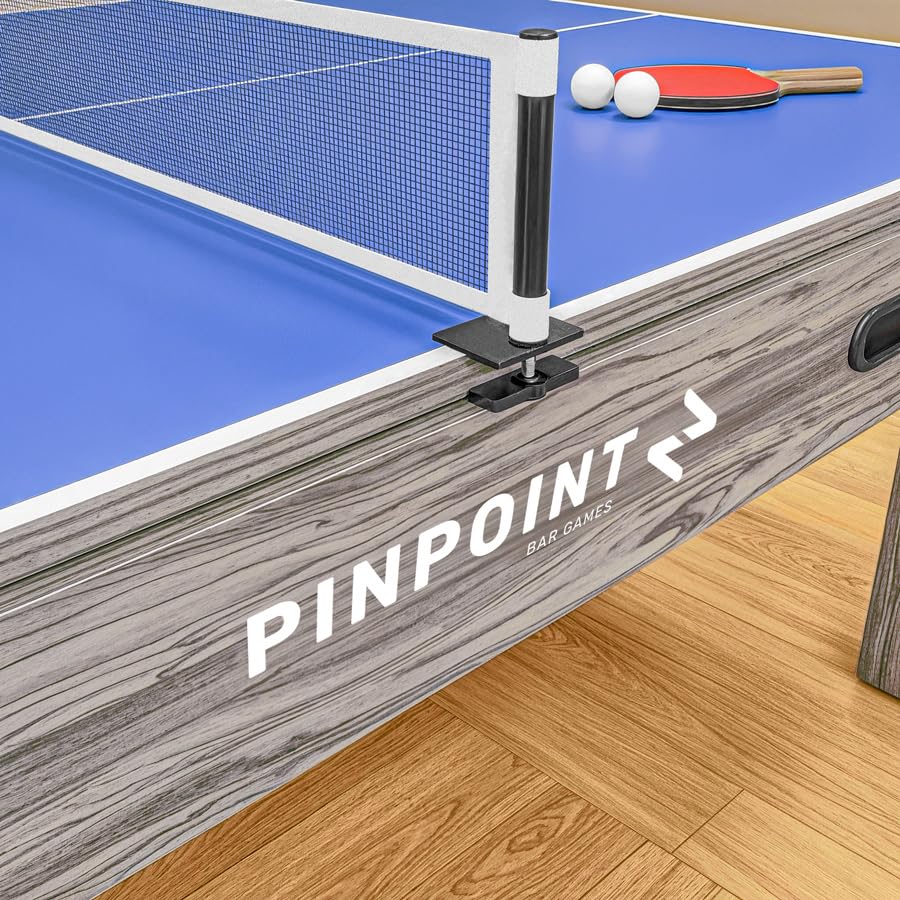 PINPOINT Tavolo da gioco 4 in 1 – biliardo, air hockey, ping pong e giochi da tavolo – Tavolo da interno da 2,1 m con accessori inclusi – Finitura in legno grigio Driftwood per sale giochi e famiglia