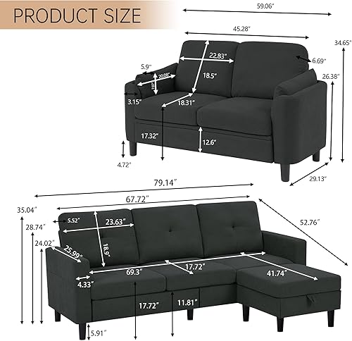 Miniatura 2 de Juego de sofá de 2 piezas, sofá de 3 plazas y sofá biplaza con otomana, juegos de sofás para sala de estar, apartamentooficina, color negro