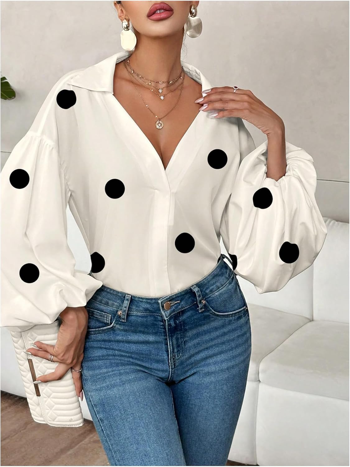 WDIRARA Women's Polka Dots Long Lantern Sleeve Blouse Collared V Neck Top Shirts - Image 3