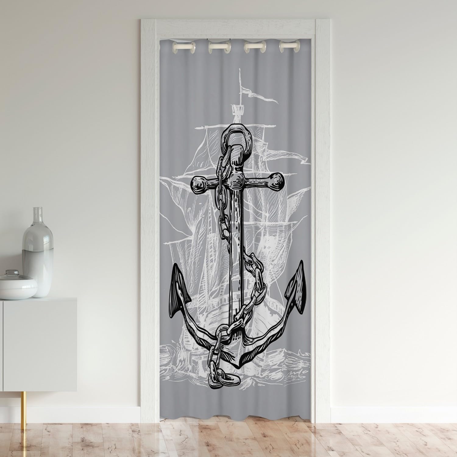 Rideau pour chambre motif ancre nautique et décoration cloison de porte